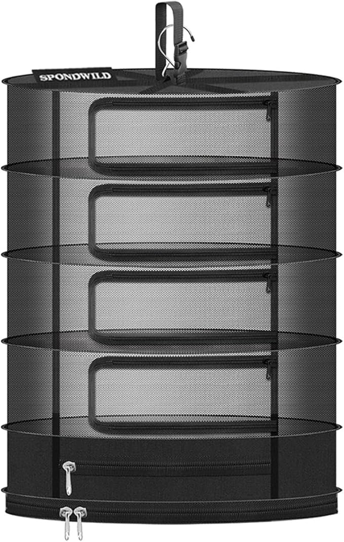 Herb Drying Rack Hanging Mesh Net，Small 4+1 Layer Plant Drying Rack with Door-Type Zipper & Closed Storage Compartment for Folding Basket Dryer Fit in Grow Tents、Garden Outdoor