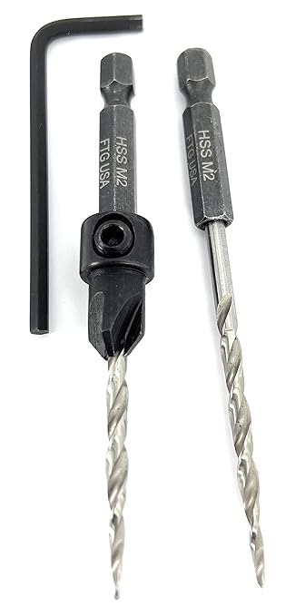 FTG USA Adjustable Wood Countersink Drill Bit #6 (9/64") with 1 Tapered Drill Bit for Woodworking