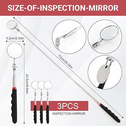 3PCS Telescoping Inspection Mirror, 28.35 Inch Extendable Mirror for Checking Observing Vehicle Small Parts, Inspection Tool with Long Hamdle (Black)