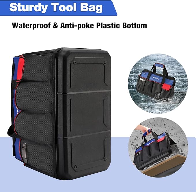 WORKPRO Tool Bag, 18 Inch Tool Bag with Waterproof Molded Base, Open Top Tool Organizer Bag with 20 Pockets, Adjustable Shoulder Strap