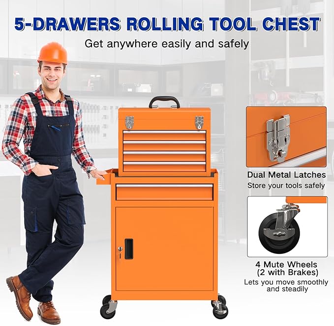 5 Drawer Tools Chest, Tool Cabinet with Universal Lockable Wheels，Tool Box with Detachable Top Box for Workshop(Orange)