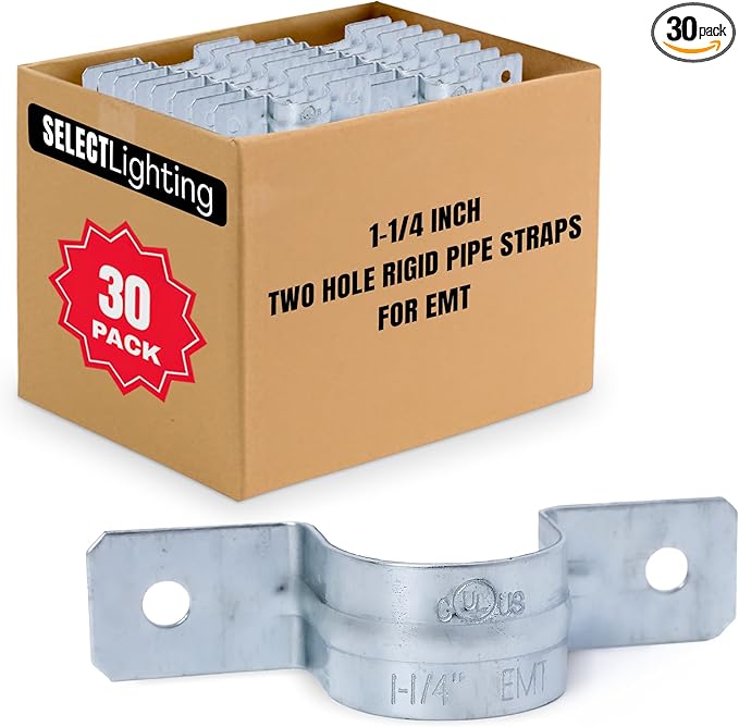 Select 30-Pack Lighting 2 Hole 1 1/4 Inch Rigid Pipe Straps for EMT, Heavy-Duty Zinc-Plated Steel Clips with Reinforced Rib, Conduit Strap for Pipes, Cables, and Tubes, Snap-On Installation
