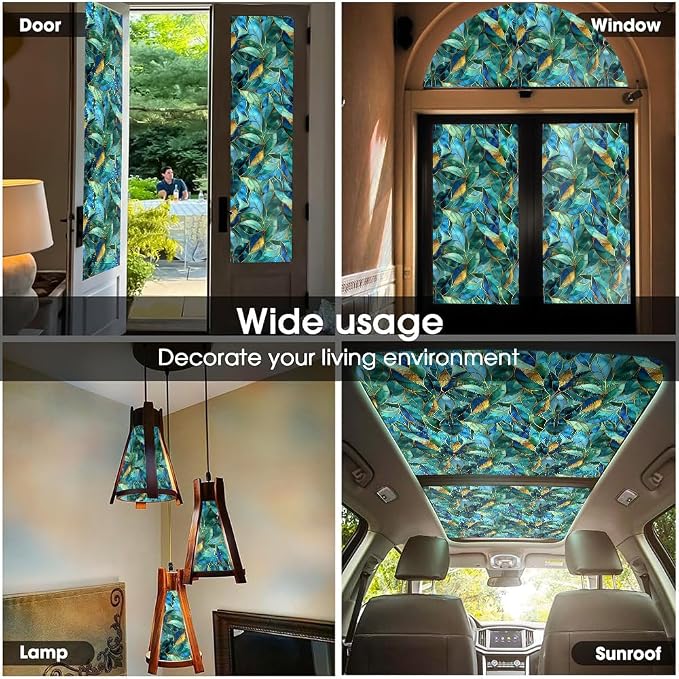REDAMANCY Golden Blue Green Leaf Modern Stained Glass Window Films Decorative - Image 5