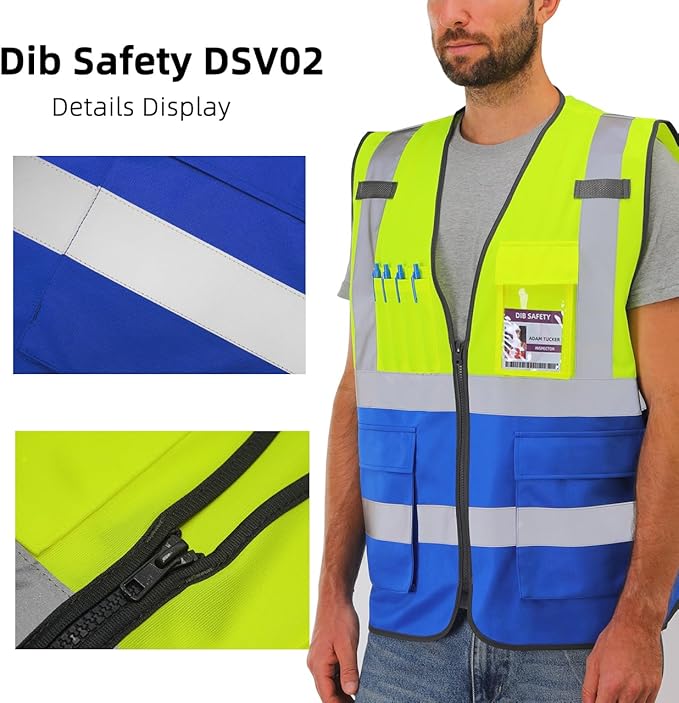 Dib Safety Reflective Vest High Visibility with Pockets and Zipper, Yellow and Blue L