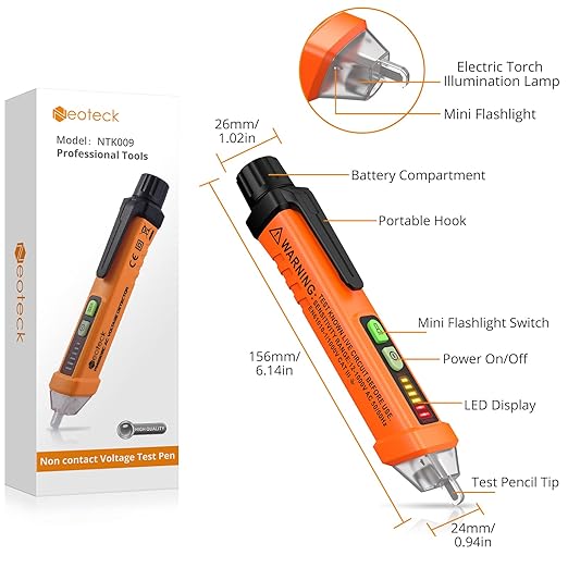 Neoteck Non-Contact AC Voltage Tester Pen, AC 12-1000V, LED Flashlight, Buzzer Alarm for Live/Null Wire Judgment