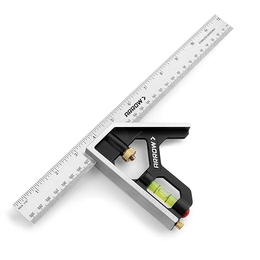 Arrow Combination Square, 12-Inch Combo Square with Stainless Steel Ruler, Zinc Alloy Body and Bubble Level for Carpenters and Craftsmen