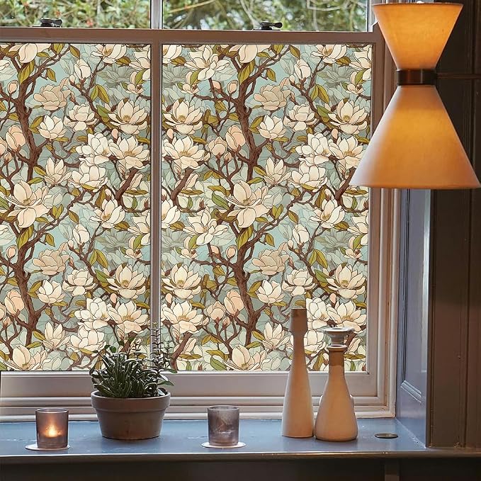 White Magnolia Floral Tree Light Blule Window Films Decorative Double-Side - Image 3