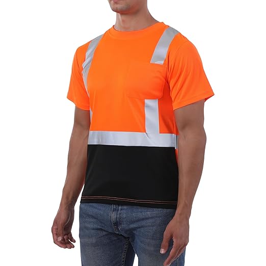 sesafety Hi Visibility Shirts for Men, Safety Shirts with Reflective Strips Class 2, Hi Vis Construction Work Shirt with Pocket Orange 5XL