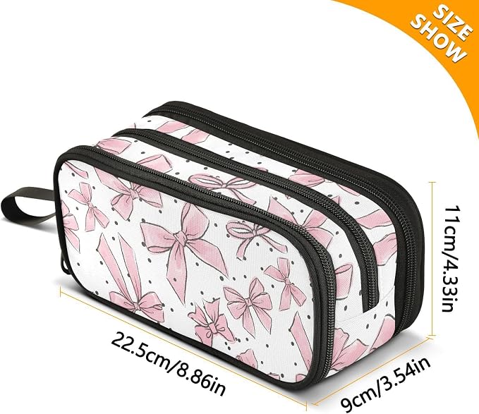 Pink Bows Dots Pencil Case Box Boys Girls Large Pencil Pouch Zipper - Image 7
