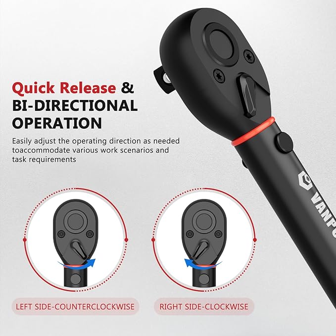 Torque Wrench 1/2-Inch Drive, 10-170.0ft.lb/13.60-230.5Nm,72 Tooth, TRP+ABS Plastic Handle, Click Torque Wrench with 1/2" to 3/8" Adapter & 125mm Extension Bar for Moto, Automotive Maintenance