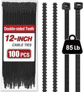 Zip Ties 12 inch (100 Pack), Double-sided Toothed, 85 lb, Delivering 1.7X Tensile Strength in the Same Specs, Black Cable Ties, Heavy Duty Wire Ties, Glufirm