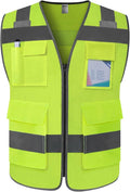 TCCFCCT Mesh Safety Vest 5 Pockets High Visibility Reflective Vest for Men Women, Durable Construction Vest with Horizontal Strip for Walkie-talkie, Meets ANSI/ISEA Standards, Yellow, L