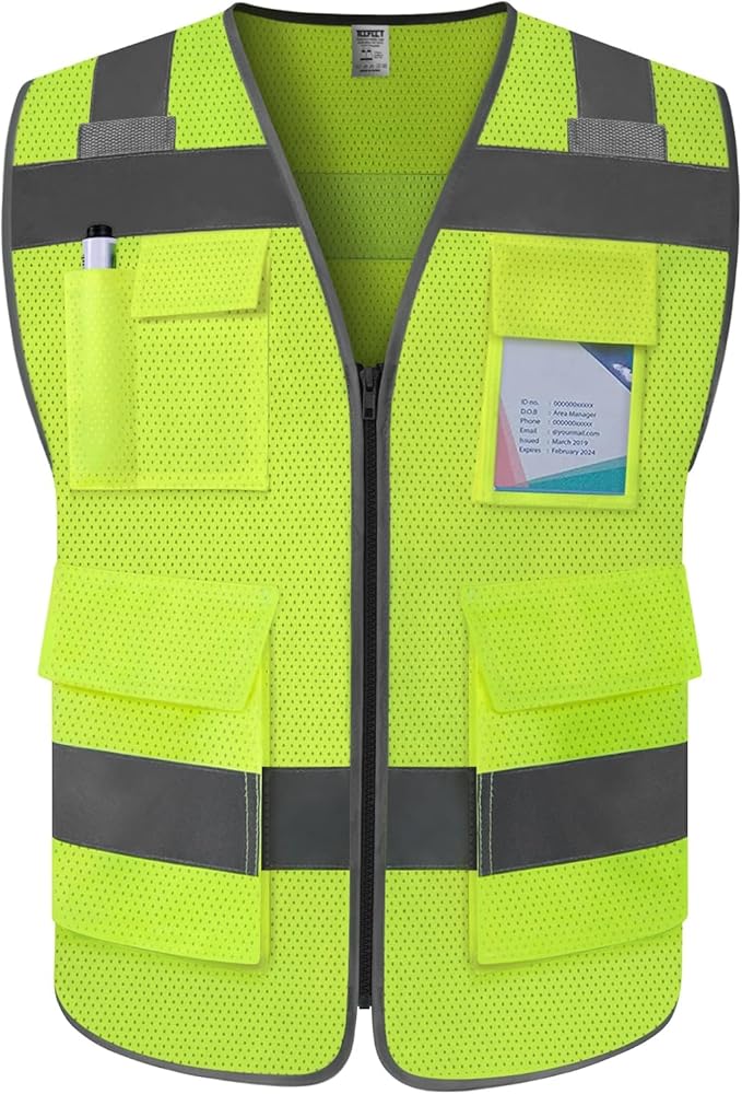 TCCFCCT High Visibility Reflective Safety Vest with 5 Pockets, ANSI/ISEA Class 2, Mesh-yellow-wolf 02, Medium