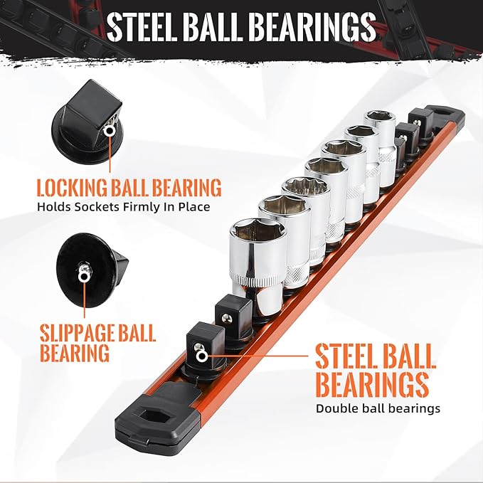 Magnetic Socket Organizer, 3-Piece Heavty Duty Aluminum Socket Holder, Socket Rail for Tool Box, Premium Quality 360° Swivel Socket Rack with 36 Clips for 1/2-Inch(Orange)