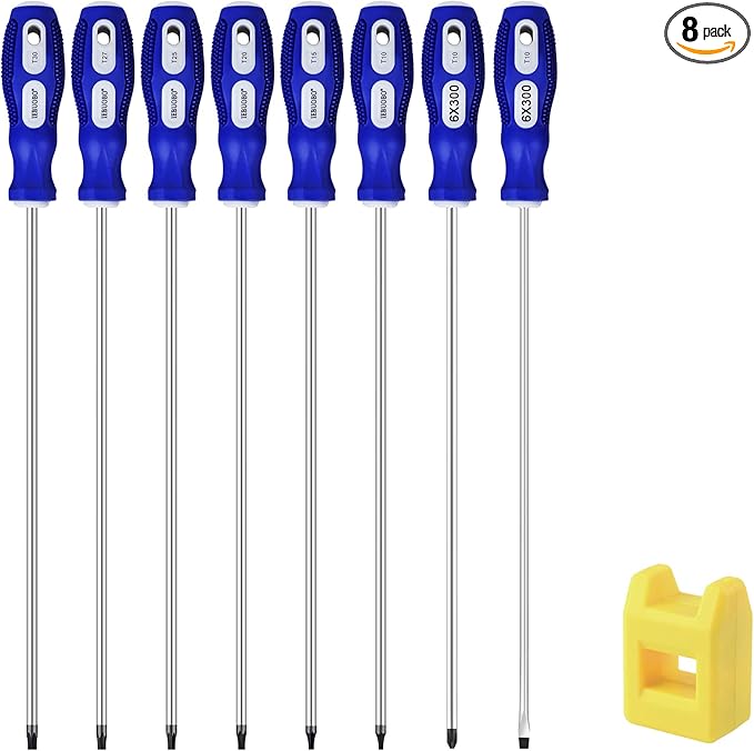 8-Piece Extra Long Torx and Slotted Phillips Screwdriver Set, length 12-inch T10-T30, plus Long star Screwdrivers, PH2 12" Long Cross-head & Flat Blade Screwdriver
