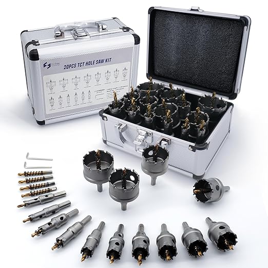 Pro Edge 20pcs Carbide Hole Saw Kit for Hard Metal, TCT 1/2"-2-1/4" Hole Cutter Set for Stainless Steel, Iron, Alloy, Aluminum, with Two Extra Titanium Plated Pilot Center Drill and Two L-Wrench