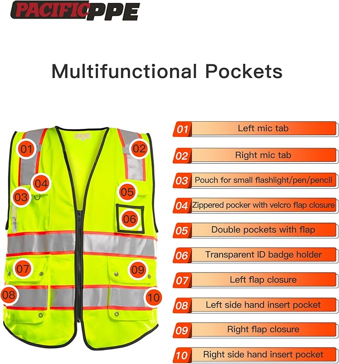 PACIFIC 10 Pockets Class 2 Safety Vest for Men, 3M High Visibility Reflective Strips, Meets ANSI/ISEA Standard, Yellow, Medium