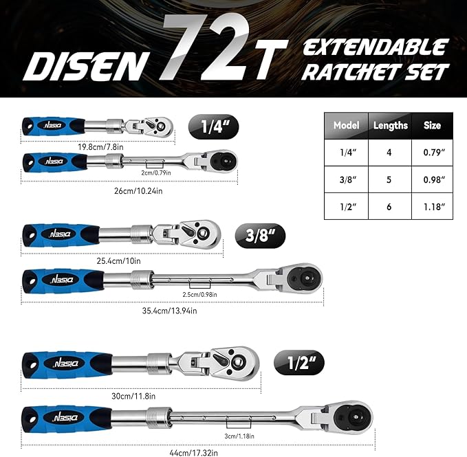 DISEN 3-Piece Extendable Flex-Head Ratchet Wrench Set with EVA Storage Case - 1/4", 3/8", 1/2" Drive, 72-Tooth, Rubber Grip, Adjustable Length - Professional Automotive and DIY Tools