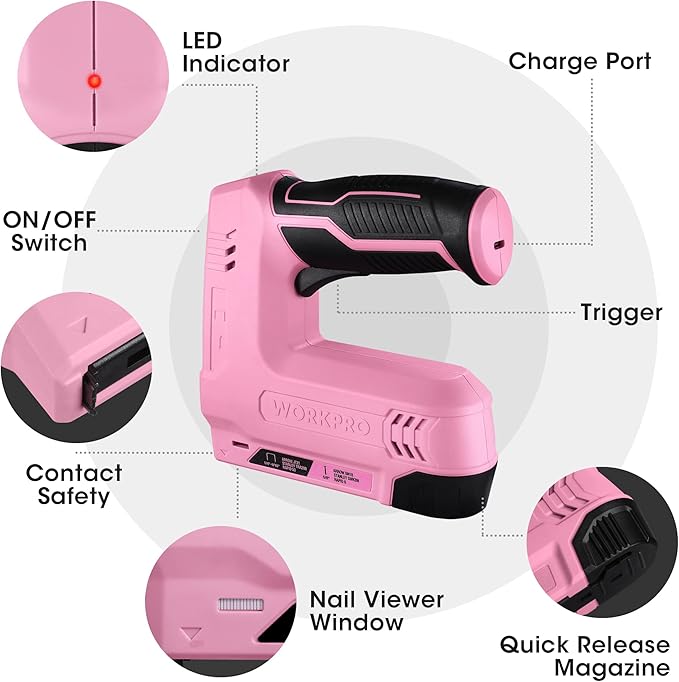 WORKPRO Electric Staple Gun, 2-in-1 Brad Nailer Electric with 2000PCS Staples Nails & USB Charger, 3.6V Staple Gun for Upholstering, Crafts, Carpentry, DIY, Pink Ribbon