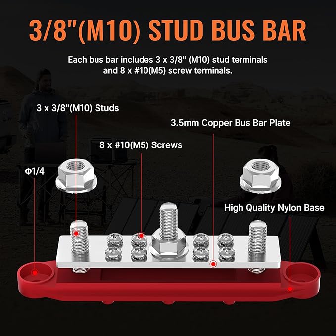 Joinfworld Bus Bar 250A 12V Power Distribution Block with 3 x 3/8"(M10) Studs Marine Bus Bar Terminal Block 12 Volt DC Battery Busbar with Cover - Negative&Positive