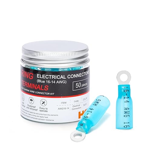 HKS 50 PCS Ring Terminals #6 Blue 16-14 AWG - M3.5 - Electrical Connectors - Heat Shrink Wire Connector Kit - Tinned Red Copper - Automotive Marine Ring Connectors - Waterproof and Insulated