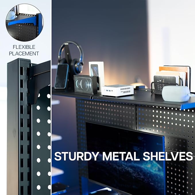 VIVO Steel Triple Clamp 47 x 31 inch Desk Pegboard System with 2 Monitor Mounts and Storage Shelf, Fits up to 32 inch Screens, Office Accessory Organizer, Black, PP-DK48SB
