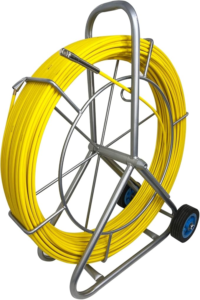 8MM 150M Fiberglass Duct Rodder Conduit Fish Tape Cable Puller Electrical Wire Puller Fiberglass Running Rod Wheel with Cage