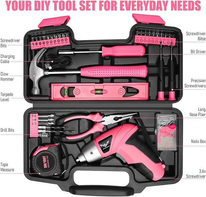 Pink Household Tool Set with 3.6V USB Electric Screwdriver, 112 PCS Home Tool Kit with Cordless Lithium-ion Drill Driver, Hand Tool Kits for Women