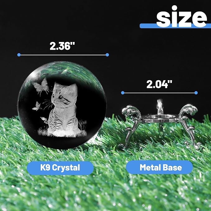 3D Cat Crystal Ball with Stand Lase Engraved Glass Sphere Paperweight Cat Decor - Image 2