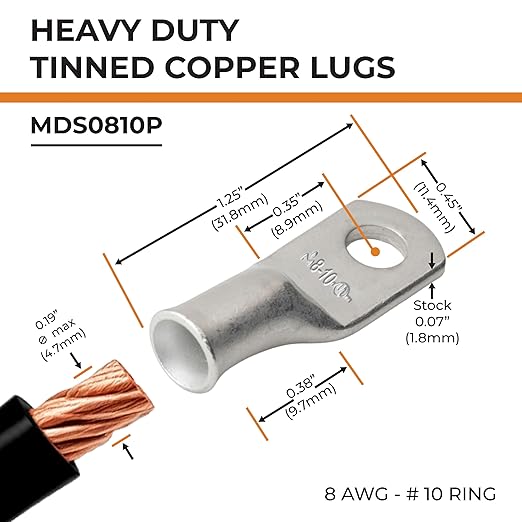 SELTERM 10pcs 8 AWG-#10 Stud Tinned Copper Wire Lugs, Heavy Duty Battery Cable Ends,8 Gauge Ring Terminals, UL Battery Lugs Marine Grade Copper Eyelets Electrical Battery Terminal Connectors