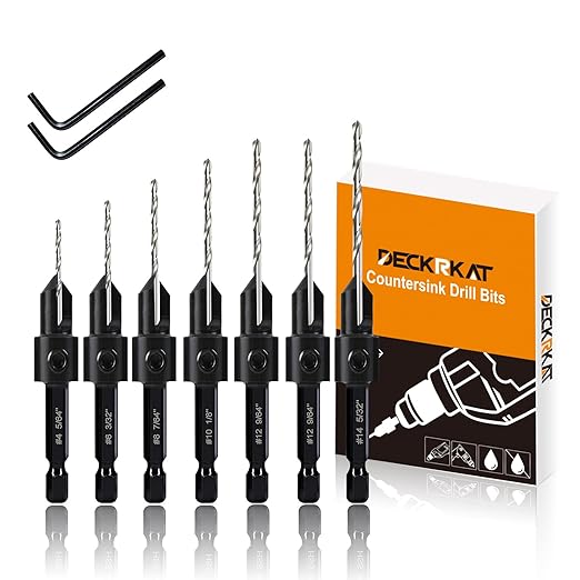 Countersink Drill Bit Set, 7-Piece Woodworking M2 Countersink Drill Bits for #4, 6, 8, 10, 12, 14 Screws, 82-Degree Chamfer, ¼” Hex Shank, 2 Allen Wrenches, HSS Drill Bits Detachable Depth Adjustable