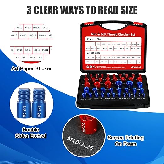 Nut and Bolt Thread Checker - 44 PCS Nut and Bolt Gauges Individually Housed in Case (23 Inch & 21 Metric) Specially Suitable for Size Check on Tricky and Narrow Area