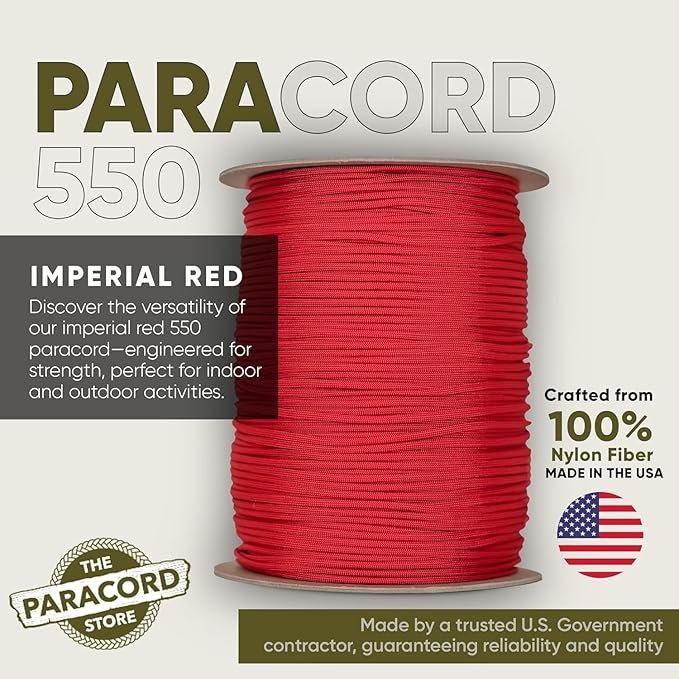 The Paracord Store | Type III 550 Paracord - 250 FT Spool, Imperial Red | Heavy Duty 7 Strand Tactical Paracord - USA Made Nylon Outdoor Parachute Cord for Camping, Fishing & More - Survival Cord