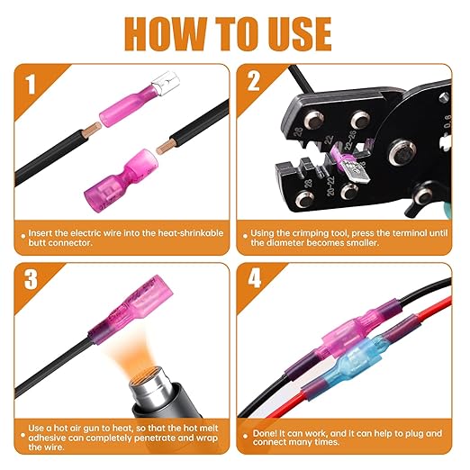 mankk 100PCS Heat Shrink Spade Connectors Kit with Crimping Tool,AWG 22-10 Electrical Waterproof Crimp Butt Terminals Female and Male Spade Terminals (Yellow/Red/Blue) M-N-070-100PCS+Tool