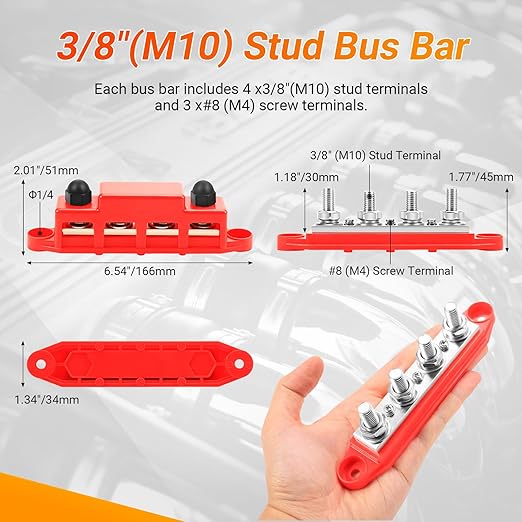 FEITON Power Distribution Block, 12V 300A Bus Bar, 3/8" Studs Terminal Strip, 12-48V Heavy Duty Terminal Block, Positive & Negative Junction Block with Cover, RV Car Marine Automotive Battery Busbar