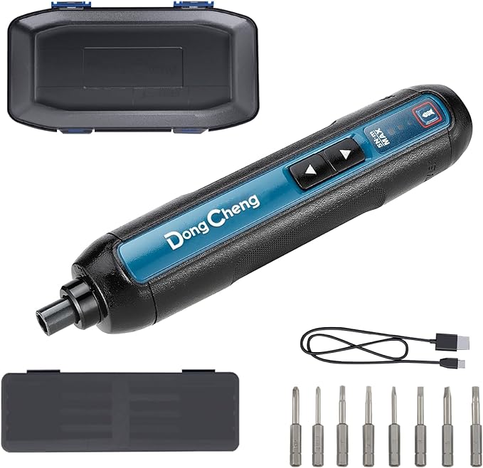 DongCheng 4V Cordless Electric Screwdriver, 2000mAh Battery Powered Rechargeable Screwdriver with 3 Torque Setting Up to 5N.m, 300RPM, Dual LED Lights, 8pcs 2-Inch Magnetic Screw Bits for Home DIY