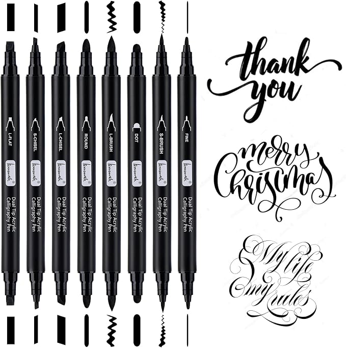 Brusarth Calligraphy Pens, 8 Size Dual Tip Black Acrylic Calligraphy markers by Brusarth