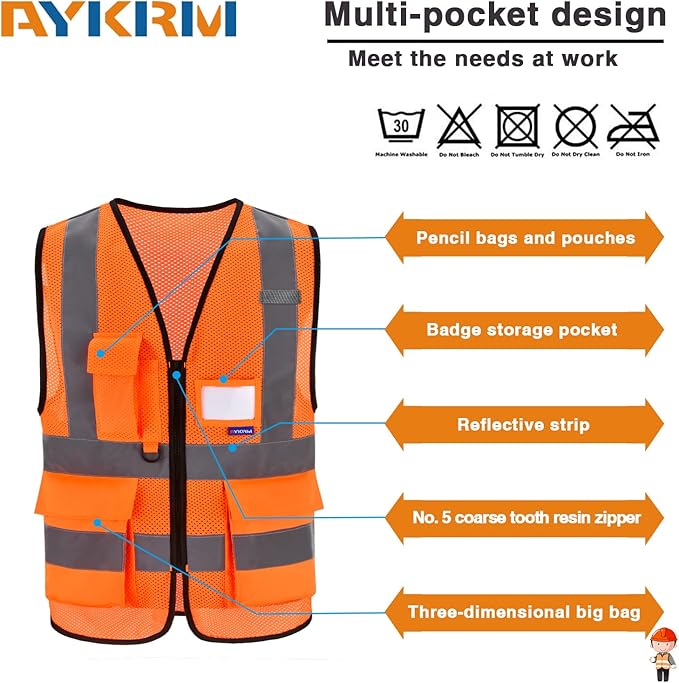 A-SAFETY High Visibility Mesh Safety Reflective Vest with Pockets and Zipper,Hi Vis Viz Reflective Safety Vest(Orange Mesh 4XL-5XL)