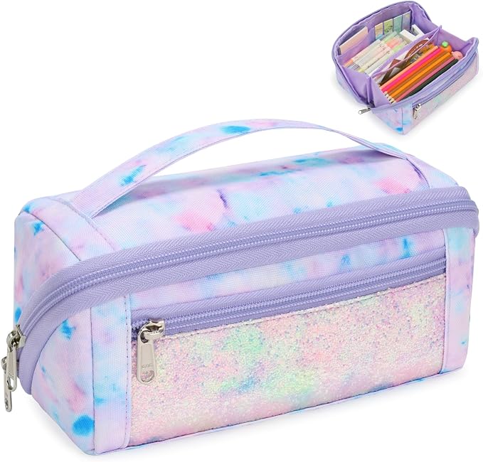 Large Pencil Case for Girls, Aesthetic Pencil Pouch for School, Wide Opening by BrainyBees
