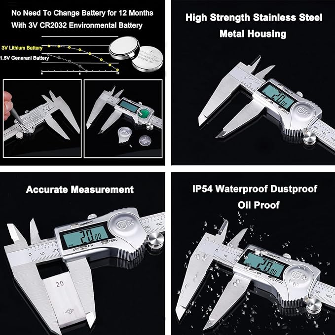 Kynup Digital Caliper, 12 Inch Caliper Measuring Tool with Stainless Steel, IP54 Splash Proof Protection Design, Large LCD Screen, Easy Switch from Inch Metric Fraction (300mm)