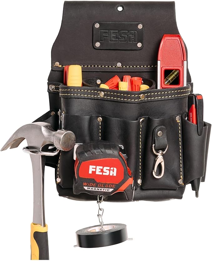 FESA Leather Electrician Tool Pouch - 13-in-1 Top Grain Leather Electrician Pouch w/Steel Hammer Loop, Tape Measure Clip, Tape T-Chain & 6 Pockets - Fits Belts up to 3" - Handcrafted