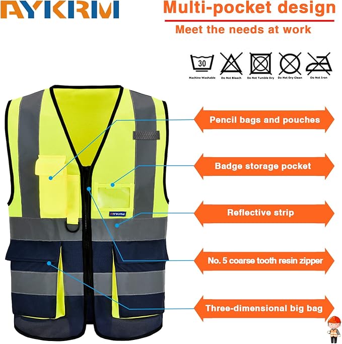 Small Yellow&Navy High Visibility Safety Vest with ZIPPER 4 Reflective Strips 7 Pockets