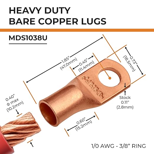 SELTERM 15pcs 1/0 AWG 3/8" Stud - UL Heavy Duty Battery Terminal Connectors, Bare Copper Battery Cable Lugs, 0 Gauge Wire Connectors, Electrical Battery Cable Ends, Ring Terminals Copper Lugs