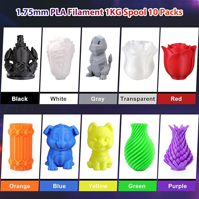 PLA Pro 3D Printer Filament 10 Packs, 1.75mm No Tangle, Each Spool Net Weight 1KG, in Total 10KG Bundles, Black+White+Grey+Clear+Blue+Green+Orange+Red+Yellow+Purple