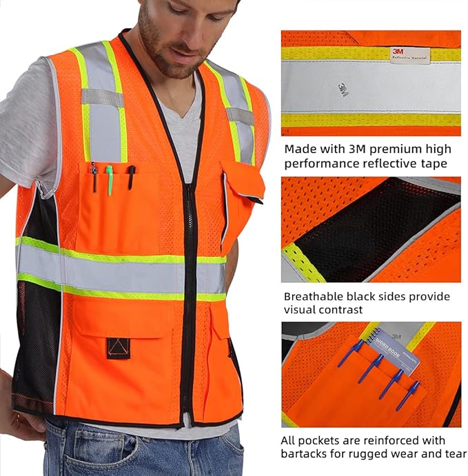 Dib Safety Vest Reflective Orange Mesh, High Visibility Vest with Pockets and Zipper, Heavy Duty Vest Made with 3M Reflective Tape M
