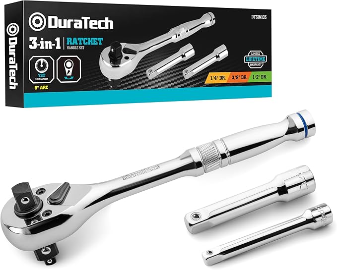 DURATECH Ratchet Set, 3-IN-1 Ratchet Handle, with 2 Extension Bars, 1/4", 3/8", 1/2" Drive Ratchet Wrench, 72-Tooth, Reversible Switch, Full-Polished Chrome Plating, Alloy Steel