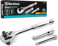 DURATECH Ratchet Set, 3-IN-1 Ratchet Handle, with 2 Extension Bars, 1/4", 3/8", 1/2" Drive Ratchet Wrench, 72-Tooth, Reversible Switch, Full-Polished Chrome Plating, Alloy Steel