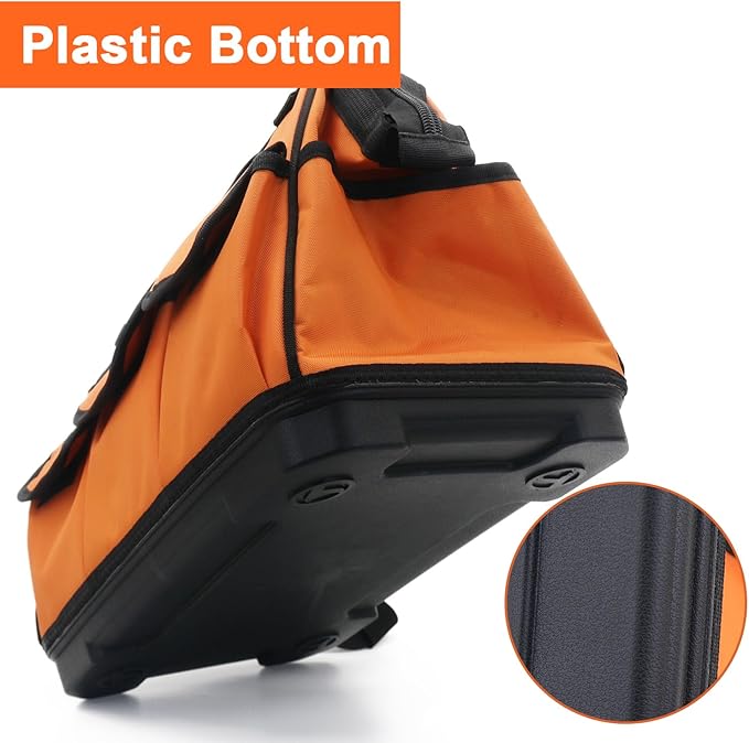 Tool Bag 16 Inch Molded Plastic Base Heavy Duty Waterproof Orange Tool Organizer Wide Mouth With Shoulder Strap for Power Tools and Hand Tools Oxford Cloth Fabric (16 Pockets)