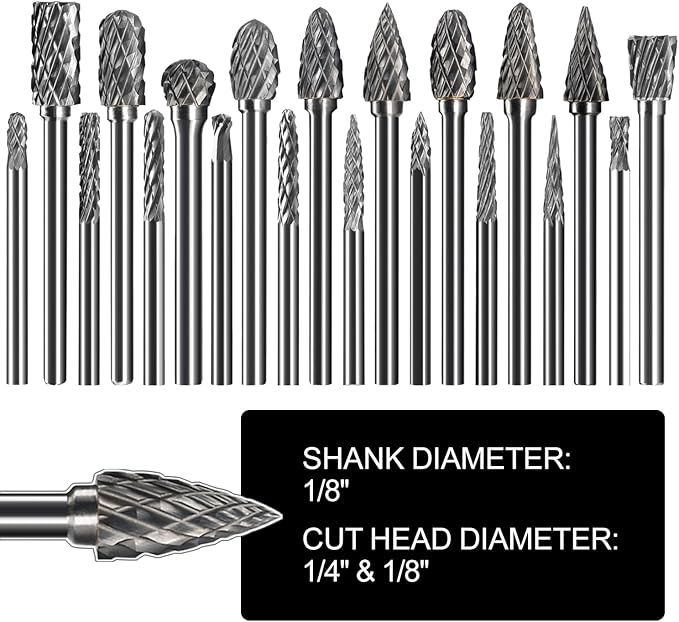 Asieg Tool 20 Pcs Carbide Die Grinder Burrs Bits 1/8" Shank for Dremel Milwaukee Metal Grinding Wood Stone Steel Carving Cutting Engraving Grinder Kit Attachment Rotary Tool Accessories Sets