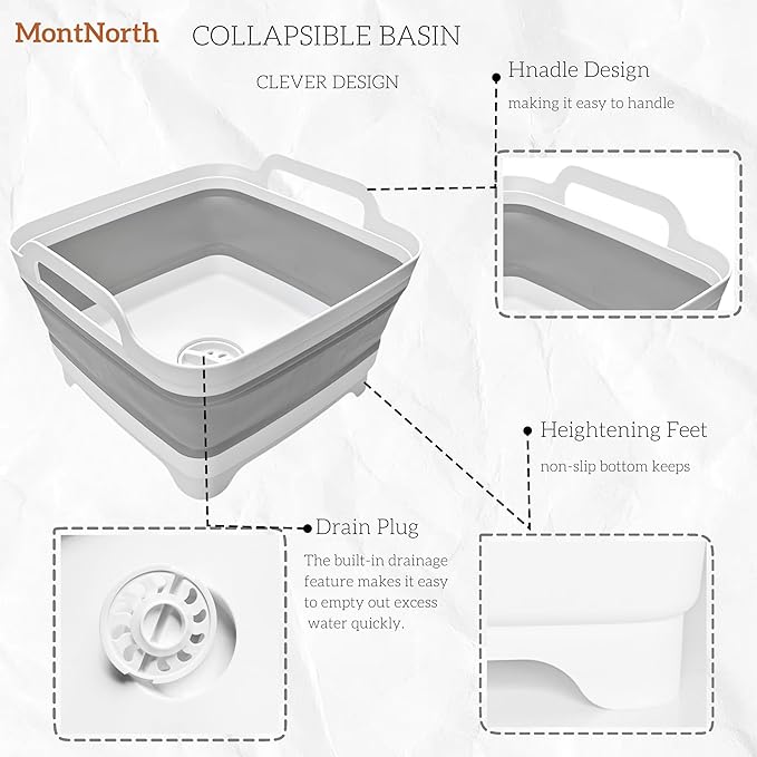 Collapsible Wash Basin 9L, Foldable Dish Tub with Drain Plug, Portable Collapsible Dish Basin, Camping Sink for Washing Dishes, Laundry & Kitchen Use,Gray